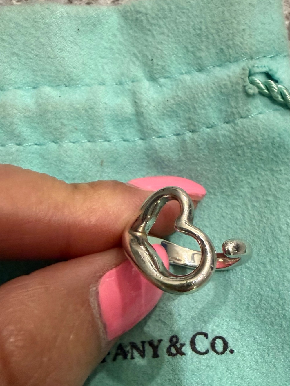 Tiffany & Co. Silver Open Heart Ring with Pink Accent